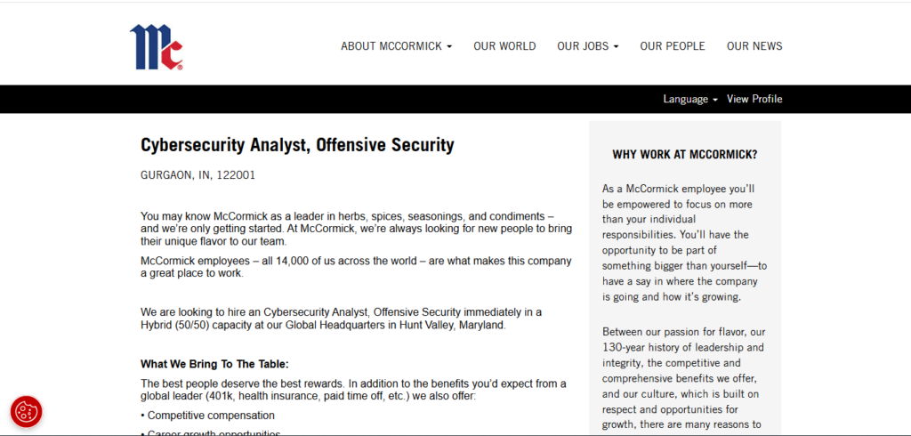 McCormick Hiring Cybersecurity Analyst, Offensive Security | Gurgaon 2026