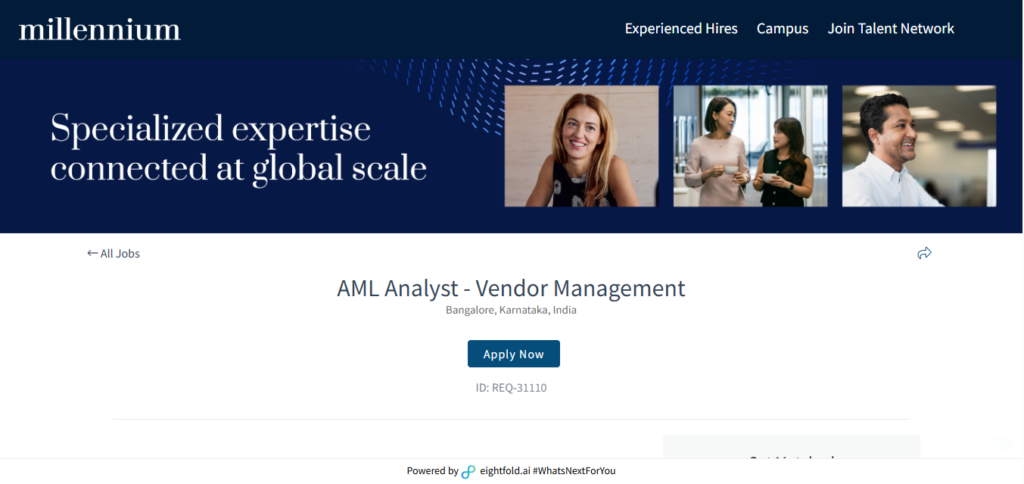 Millennium Hiring AML Analyst - Vendor Management | Bangalore 2026