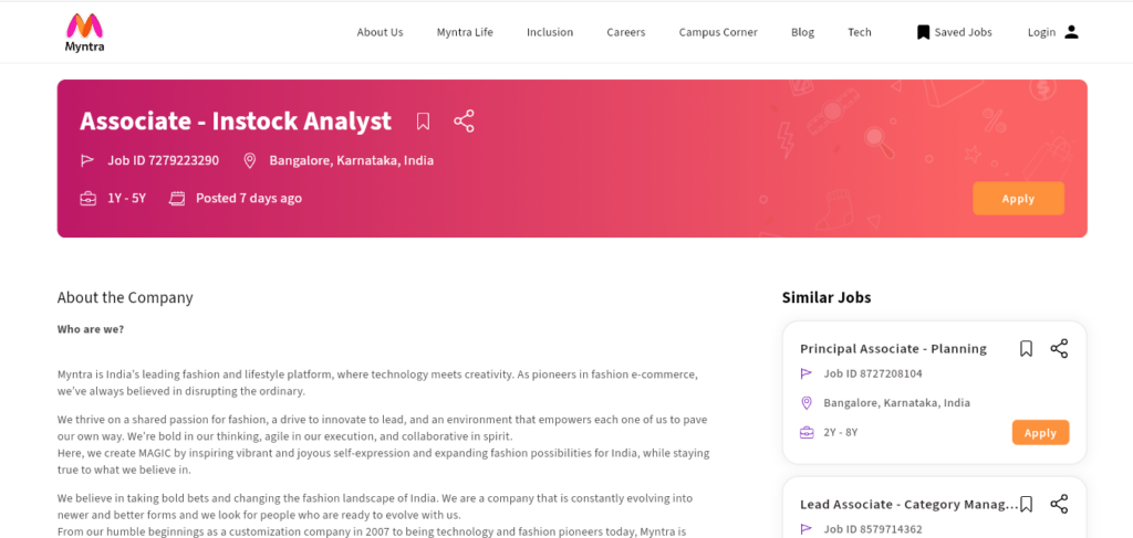 Myntra Hiring Associate - Instock Analyst | Bangalore 2026