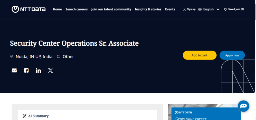 NTT Data Hiring Security Center Operations Associate| Noida 2026