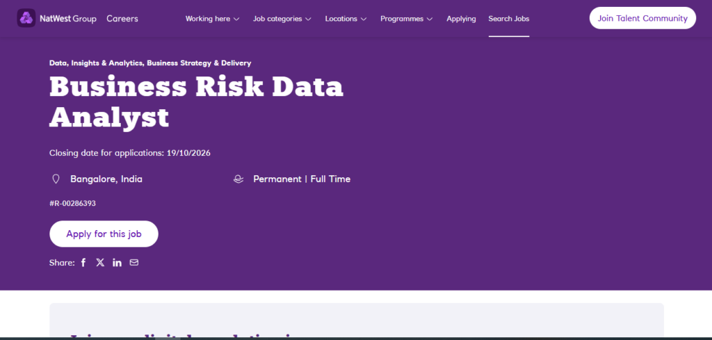 NatWest Hiring Business Risk Data Analyst | Bangalore 2026