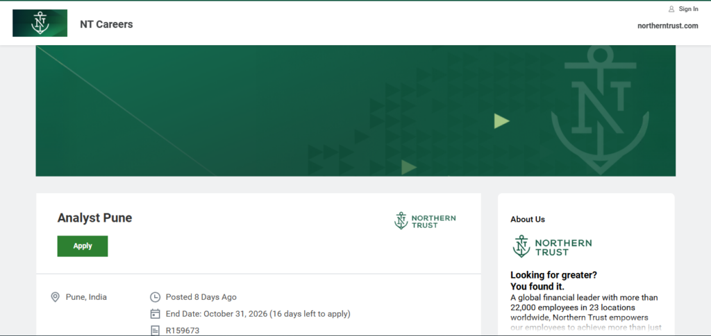 Northern Trust Hiring Analyst | Pune 2026