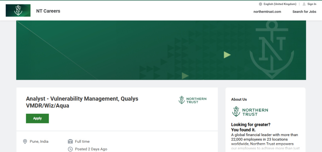 Northern Trust Hiring Analyst - Vulnerability Management, Qualys VMDR/Wiz/Aqua | Pune 2026