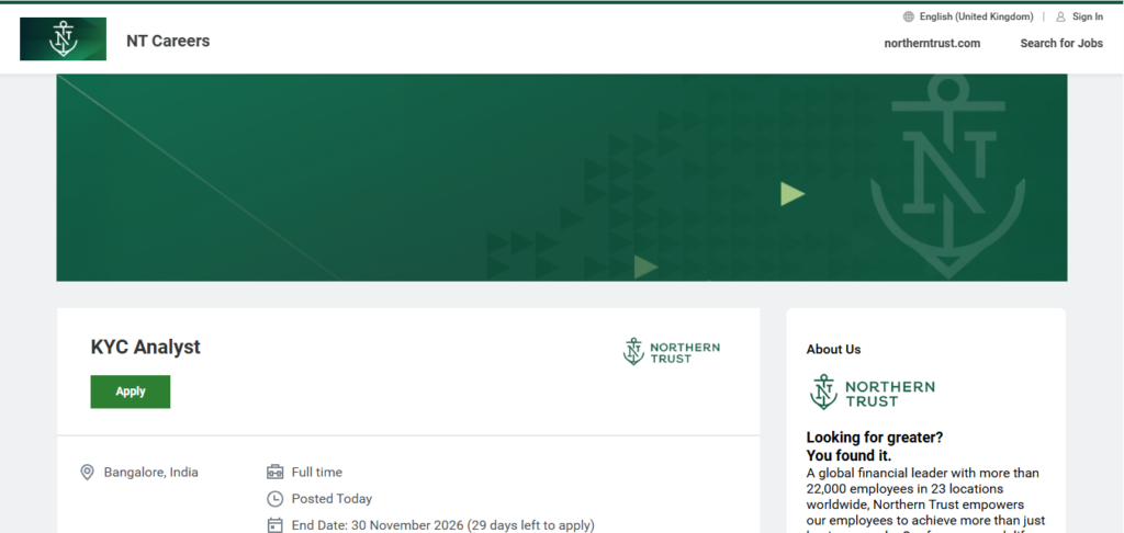 Northern Trust Hiring KYC Analyst | Bangalore 2026