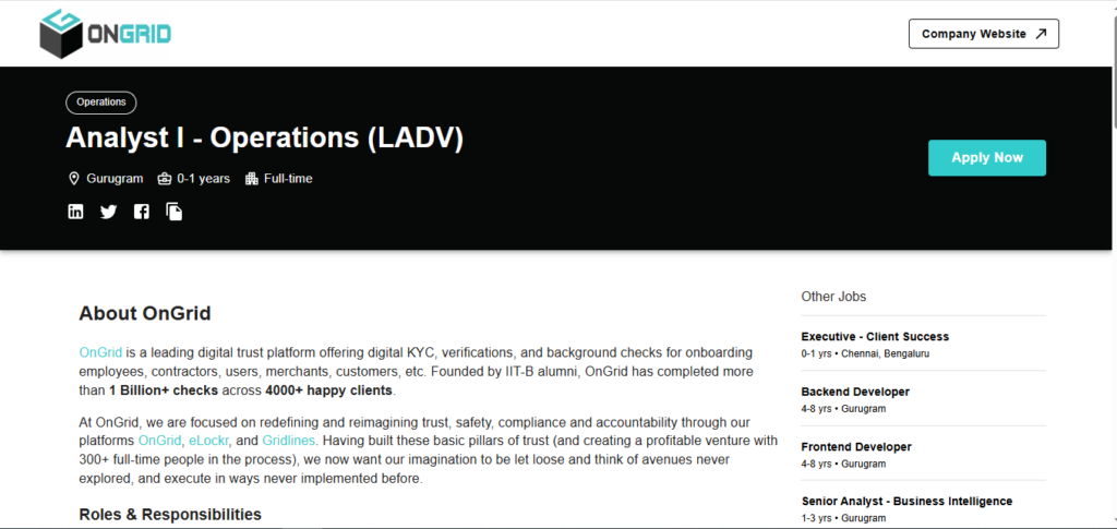 OnGrid Hiring Analyst I - Operations (LADV) | Gurugram 2026