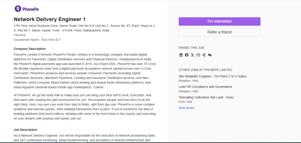 PhonePe Hiring Network Delivery Engineer 1 | Pune 2026