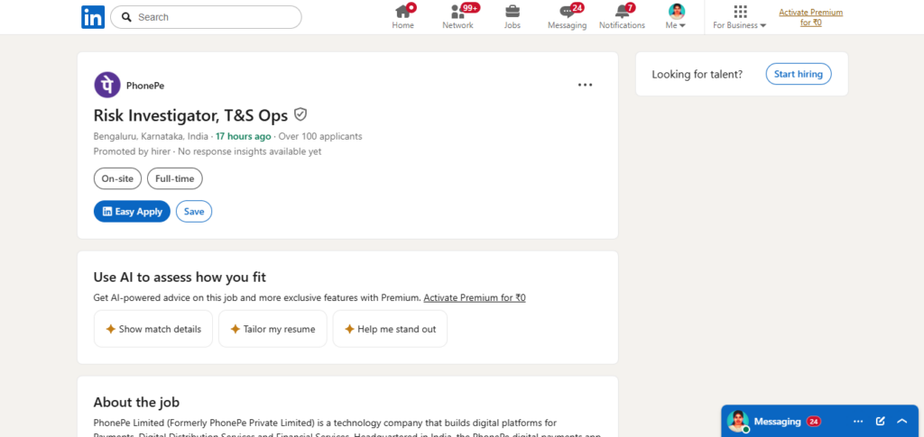PhonePe Hiring Risk Investigator, T&S Ops | Bangalore 2026