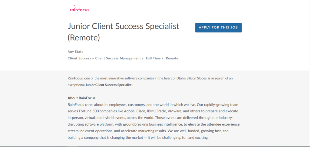 Rainfocus Hiring Junior Client Success Specialist | Work from Home 2026