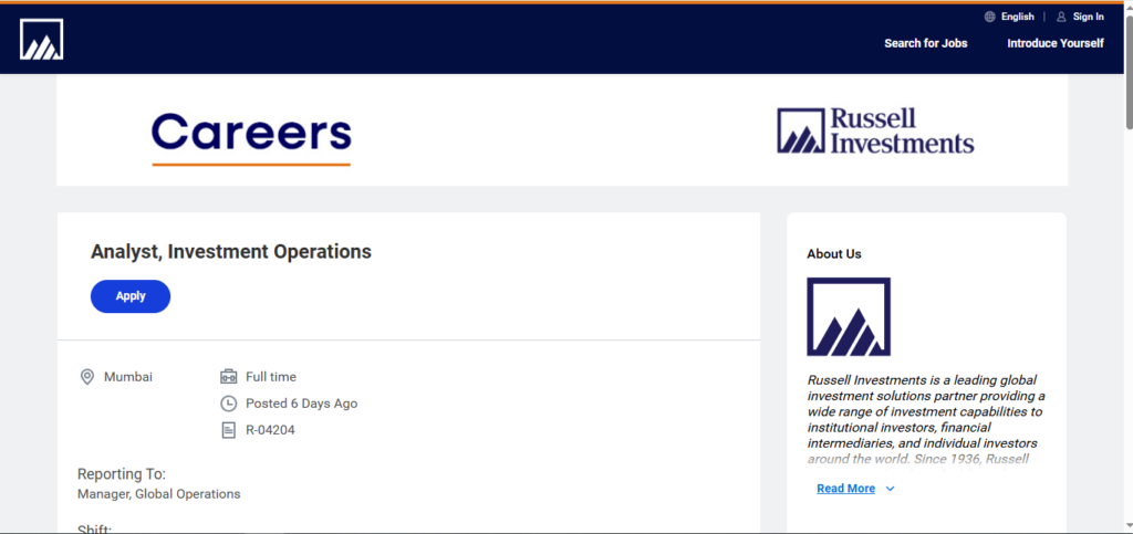 Russell Investments Hiring Analyst, Investment Operations | Mumbai 2026