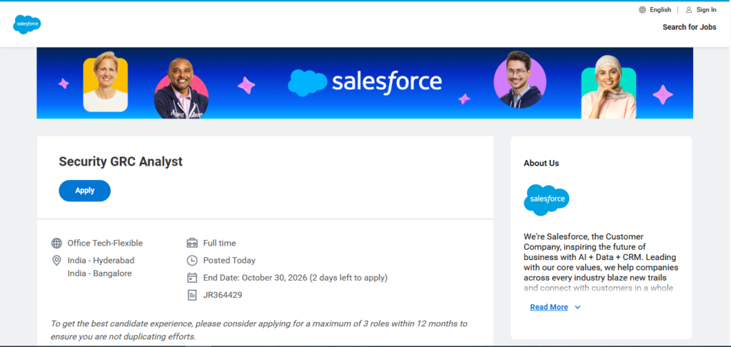 Salesforce Hiring Security GRC Analyst | Hyderabad & Bangalore 2026
