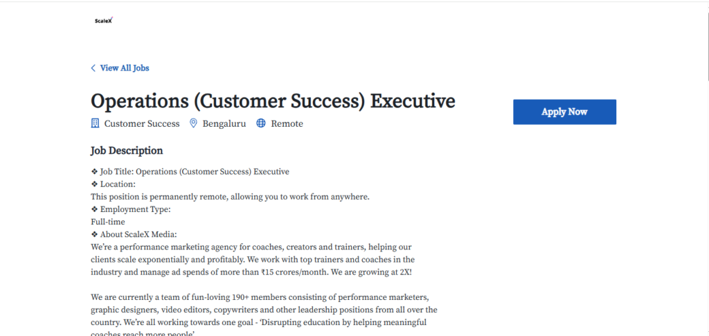 ScaleX Hiring Operations (Customer Success) Executive | Work from Home 2026