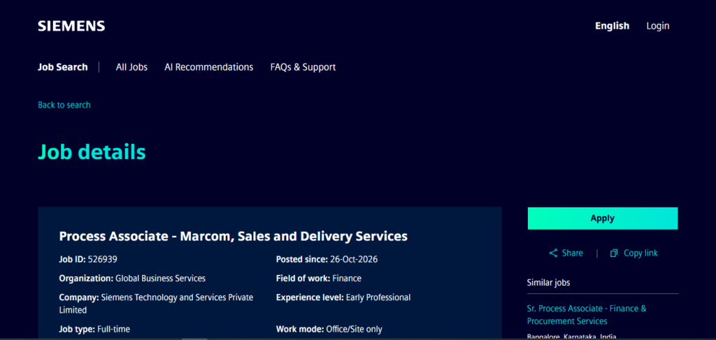 Siemens Hiring Process Associate - Marcom, Sales and Delivery Services | Bangalore 2026