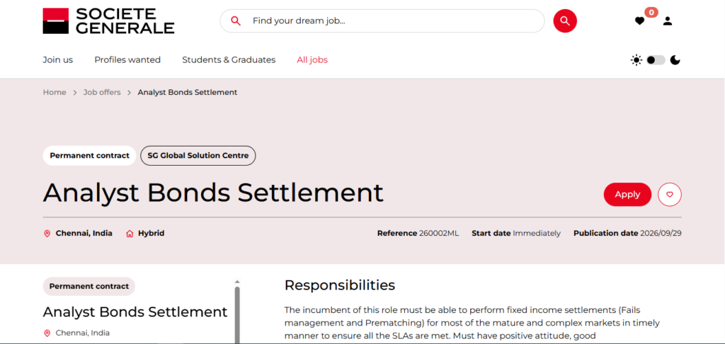 Societe Generale Hiring Analyst Bonds Settlement | Chennai 2026