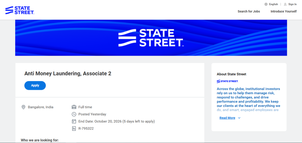State Street Hiring Anti Money Laundering, Associate 2 | Bangalore 2026