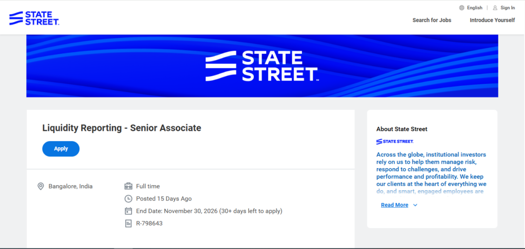 State Street Hiring Liquidity Reporting – Associate | Bangalore 2026