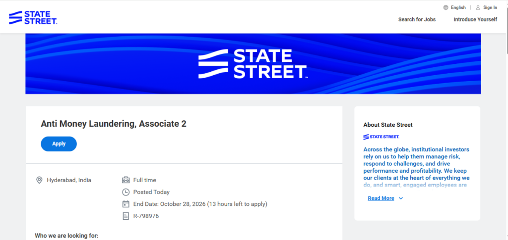 State Street Hiring Anti Money Laundering, Associate 2 | Hyderabad 2026