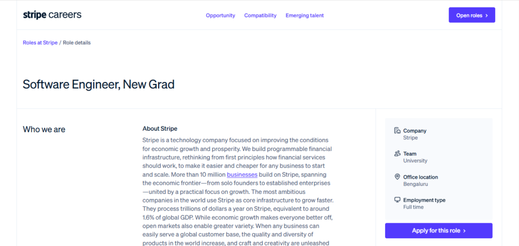 Stripe Hiring Software Engineer, New Grad | Bangalore 2026