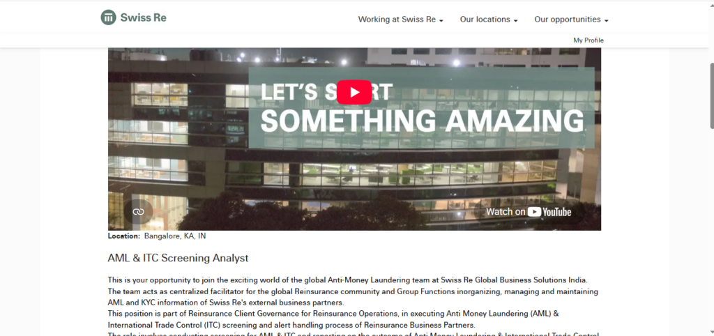 Swiss RE Hiring AML & ITC Screening Analyst | Bangalore 2026
