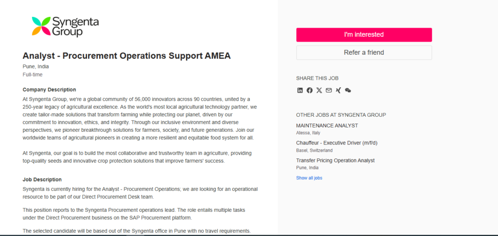 Syngenta Group Hiring Analyst - Procurement Operations Support AMEA | Pune 2026