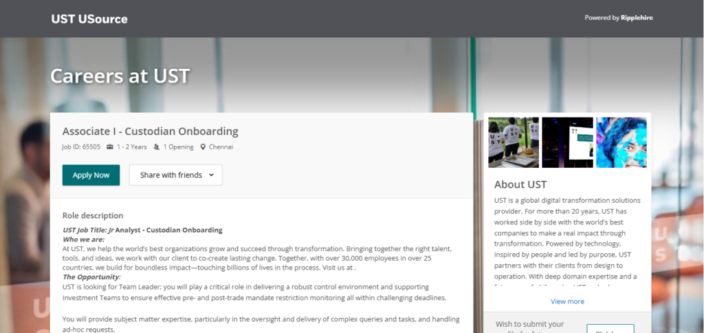 UST Hiring Associate I - Custodian Onboarding | Chennai 2026