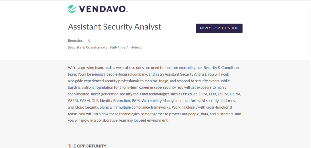 Vendavo Hiring Assistant Security Analyst | Bangalore 2026
