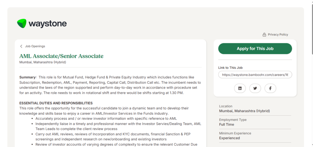 Waystone Hiring AML Associate / Senior Associate | Mumbai 2026