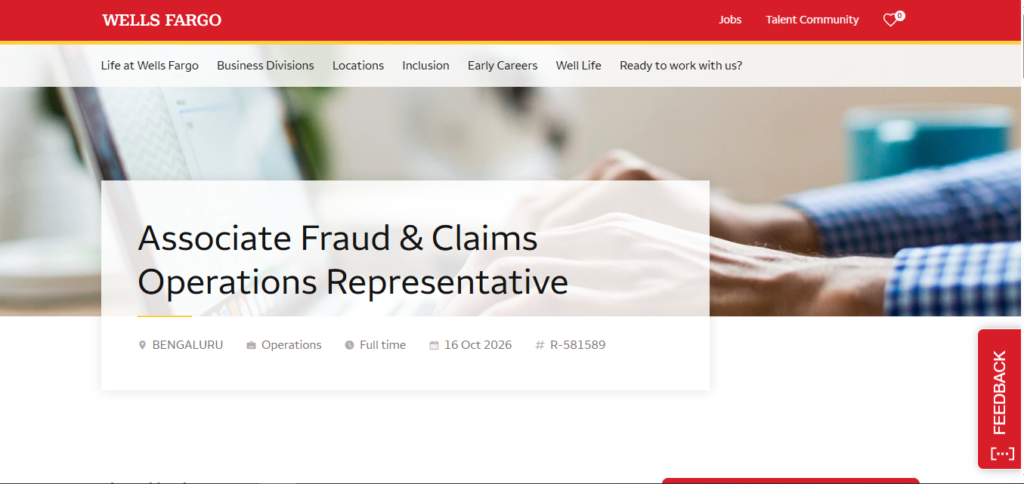 Wells Fargo Hiring Associate Fraud & Claims Operations Representative | Bangalore 2026