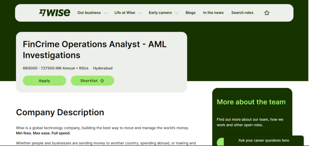 Wise Hiring FinCrime Operations Analyst - AML Investigations | Hyderabad 2026