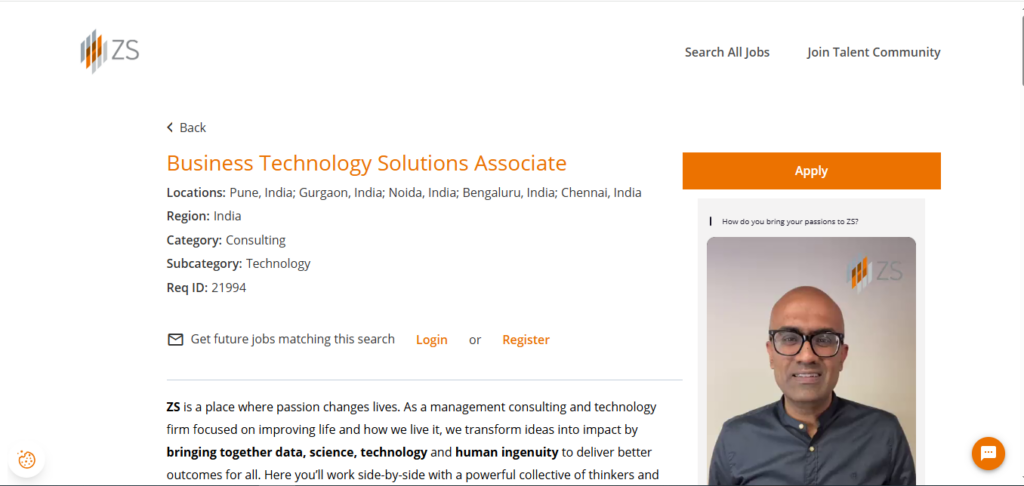 ZS Hiring Business Technology Solutions Associate | Pune, Gurgaon, Noida, Bangalore & Chennai 2026
